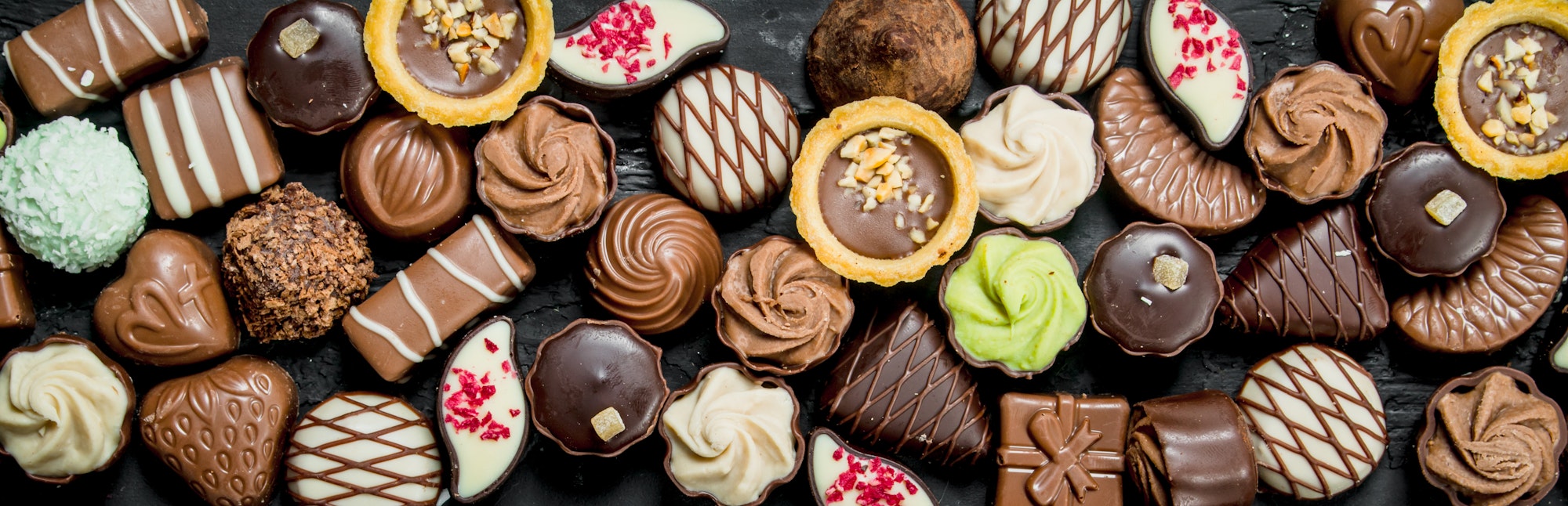 Chocolates candies with different fillings.